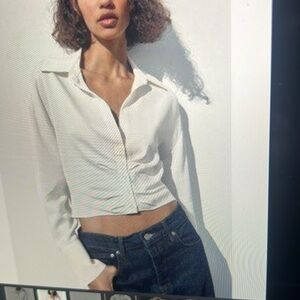 Zara Satin White Crop Long Sleeve Size Small
